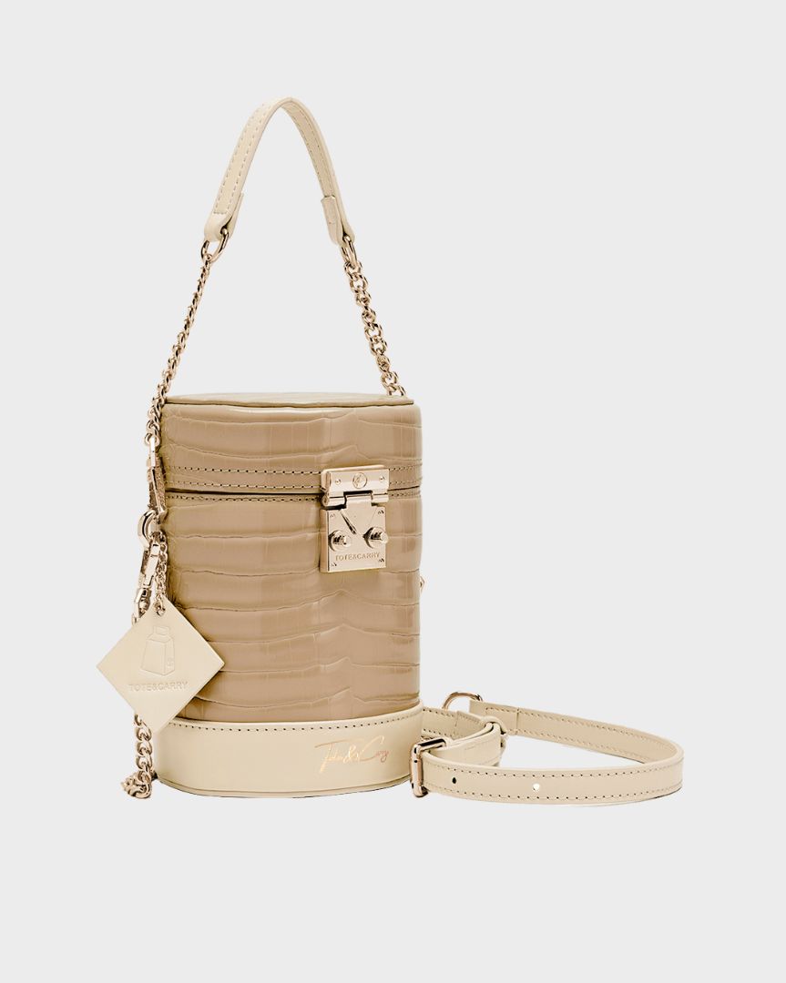 Petit Croc Barrel Purse in Beige