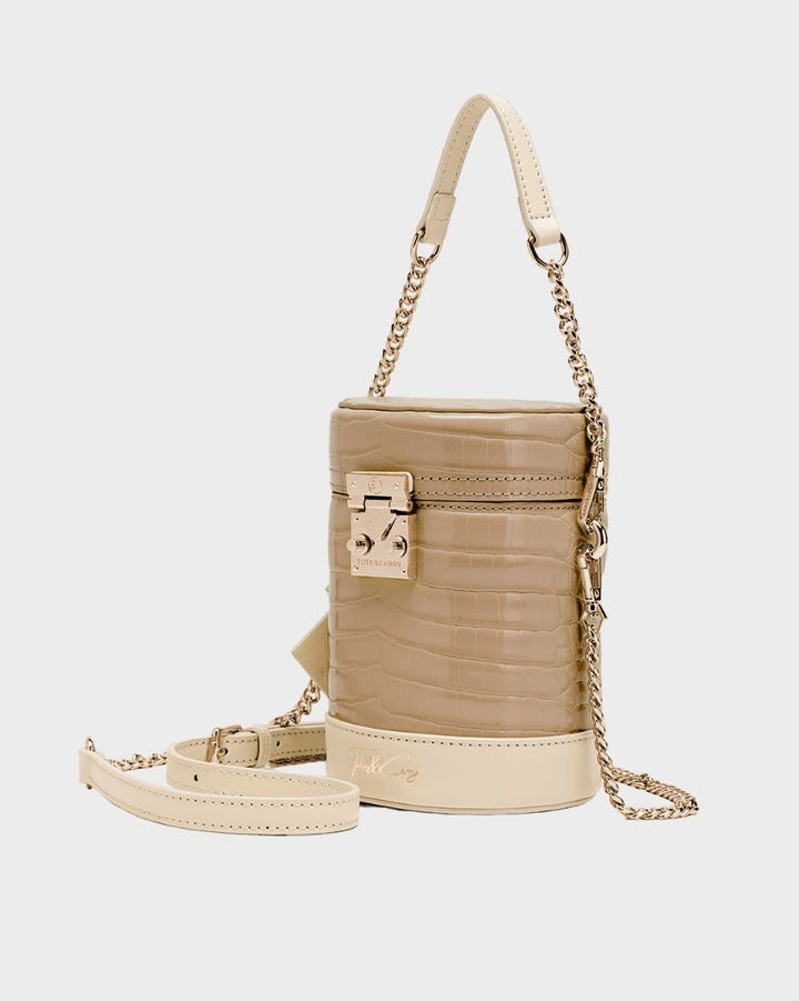 Petit Croc Barrel Purse in Beige