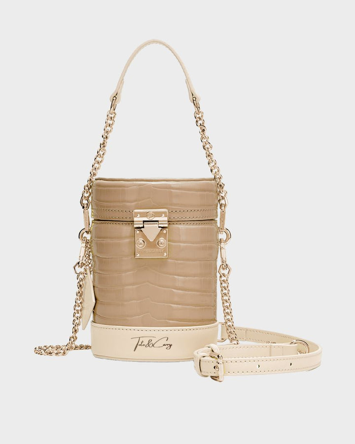 Petit Croc Barrel Purse in Beige